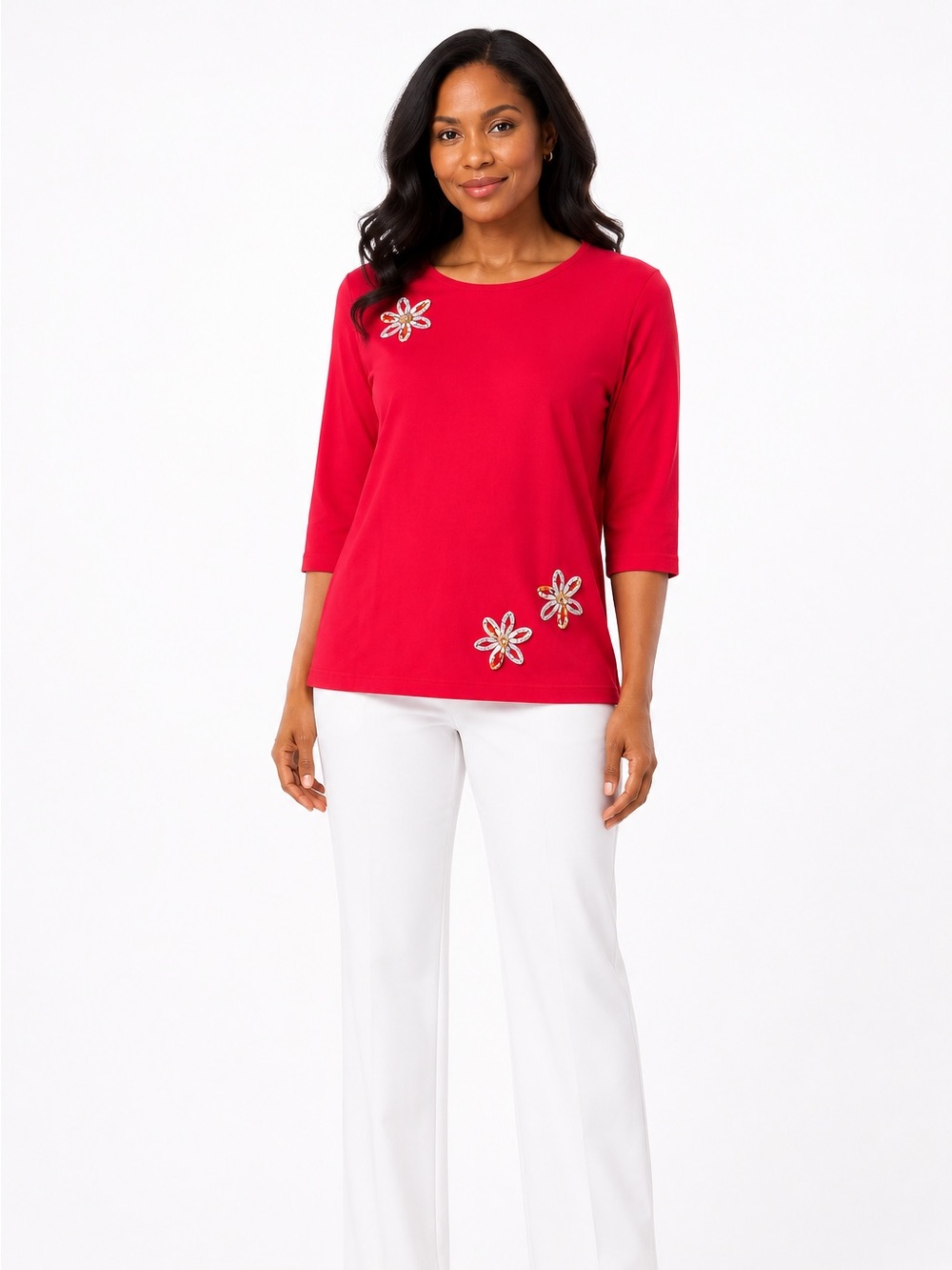Hearts of Palm Patchwork Flower Appliqué Top XL Red 3/4 Sleeves Momcore See Pics